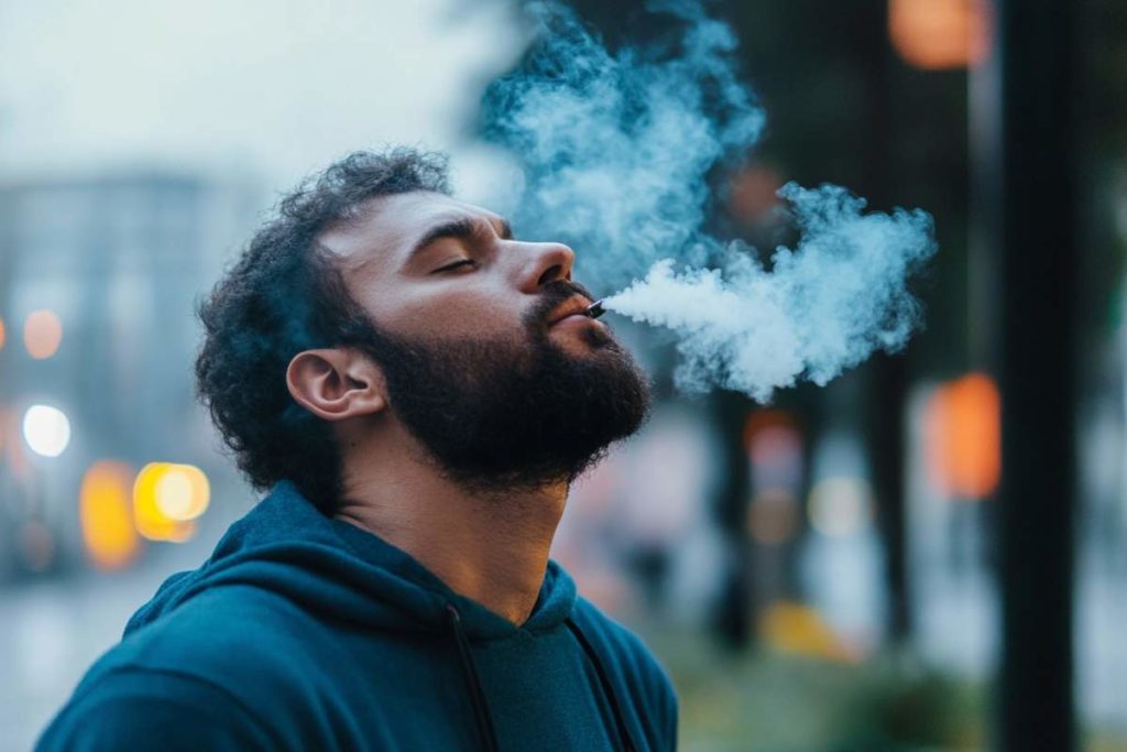 homme debout en train de vaporiser du CBD