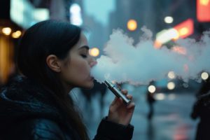femme qui vapote du CBD en public
